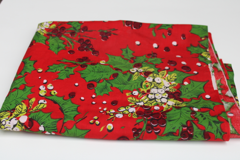 photo of 60s 70s vintage Christmas holly print fabric, cotton or blend broadcloth, retro MCM design on red  #1