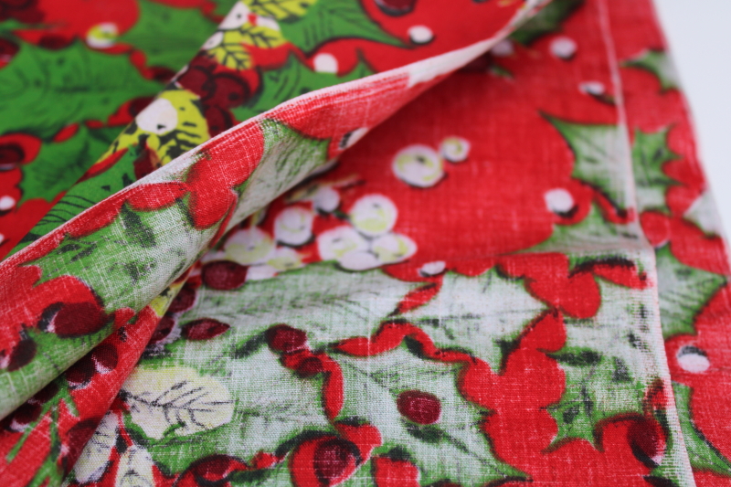 photo of 60s 70s vintage Christmas holly print fabric, cotton or blend broadcloth, retro MCM design on red  #3