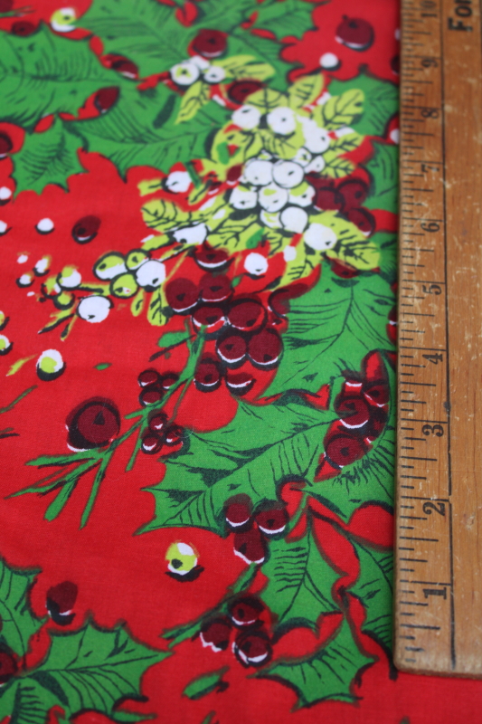 photo of 60s 70s vintage Christmas holly print fabric, cotton or blend broadcloth, retro MCM design on red  #4