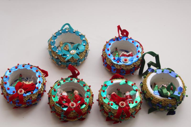 photo of 60s 70s vintage Christmas scenes diorama ornaments, beaded w/ sequins LeeWards style #6