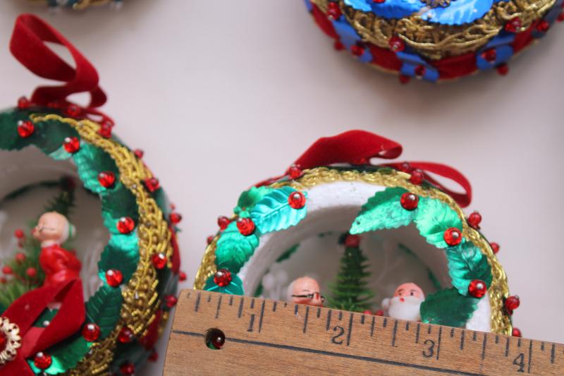 photo of 60s 70s vintage Christmas scenes diorama ornaments, beaded w/ sequins LeeWards style #7