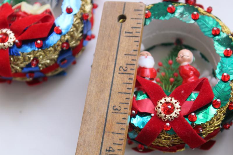 photo of 60s 70s vintage Christmas scenes diorama ornaments, beaded w/ sequins LeeWards style #8