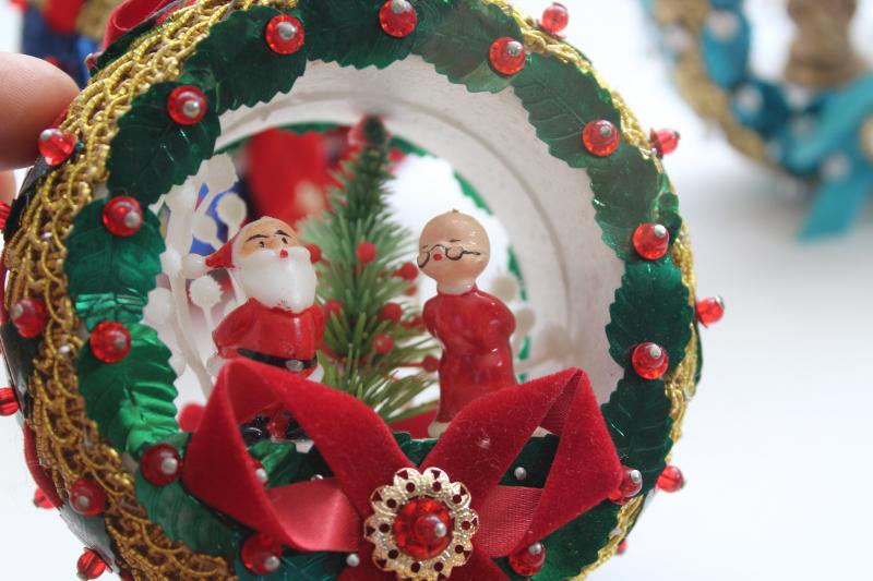 photo of 60s 70s vintage Christmas scenes diorama ornaments, beaded w/ sequins LeeWards style #10