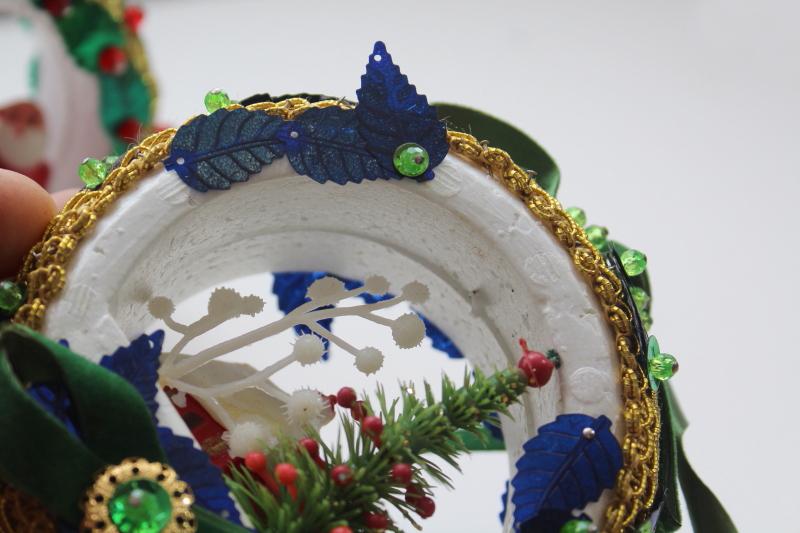 photo of 60s 70s vintage Christmas scenes diorama ornaments, beaded w/ sequins LeeWards style #13