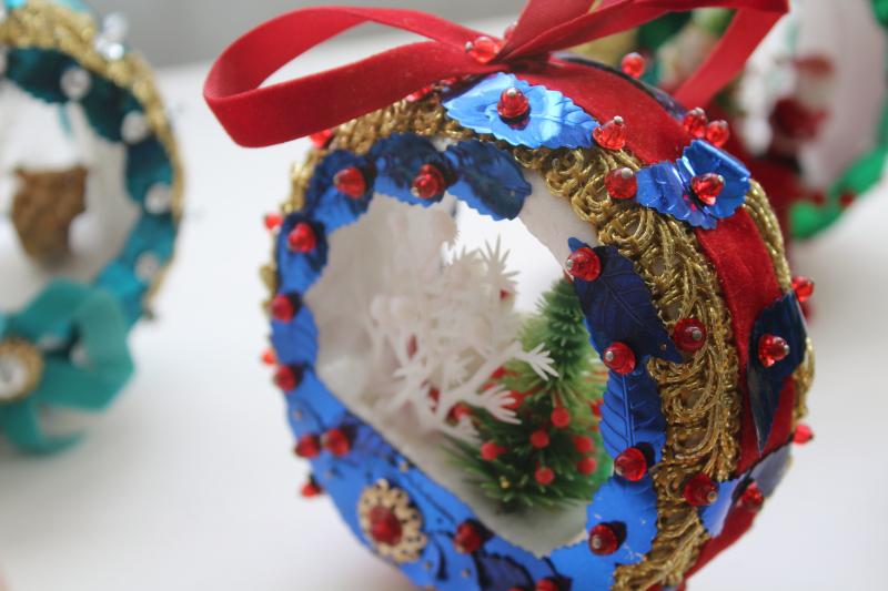 photo of 60s 70s vintage Christmas scenes diorama ornaments, beaded w/ sequins LeeWards style #14