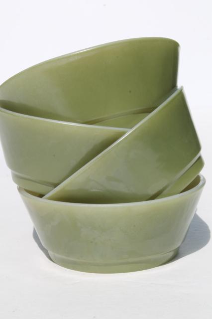 photo of 60s 70s vintage Fire-King milk glass bowls, retro avocado green color bowl set #1