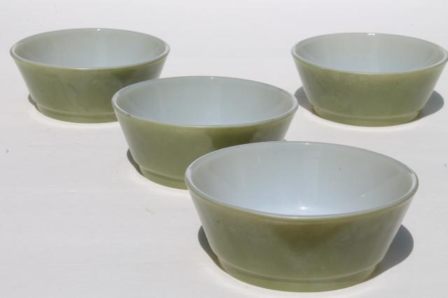 photo of 60s 70s vintage Fire-King milk glass bowls, retro avocado green color bowl set #2