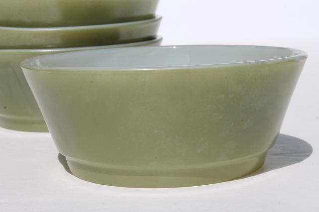 photo of 60s 70s vintage Fire-King milk glass bowls, retro avocado green color bowl set #3