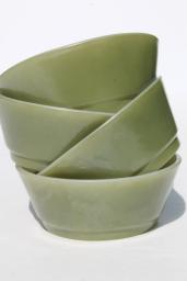 catalog photo of 60s 70s vintage Fire-King milk glass bowls, retro avocado green color bowl set