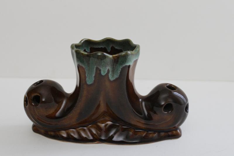 photo of 60s 70s vintage Van Briggle pottery flower frogs vase, brown / turquoise drip glaze #1