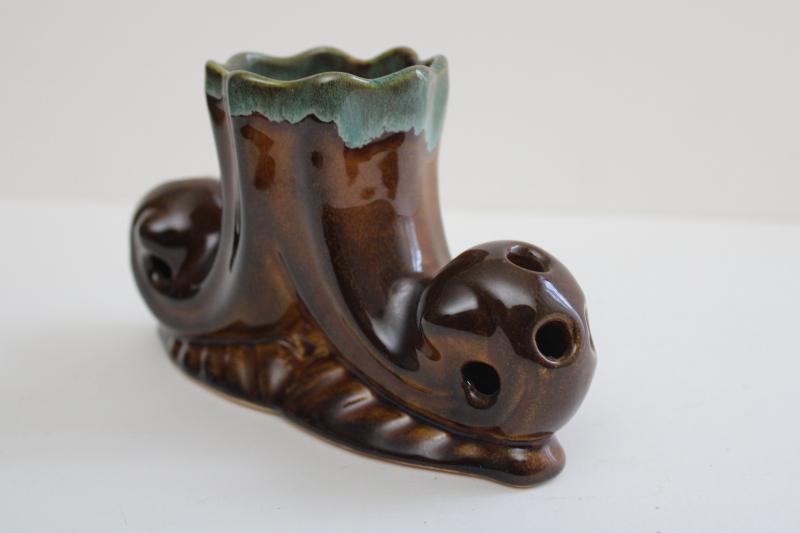 photo of 60s 70s vintage Van Briggle pottery flower frogs vase, brown / turquoise drip glaze #3