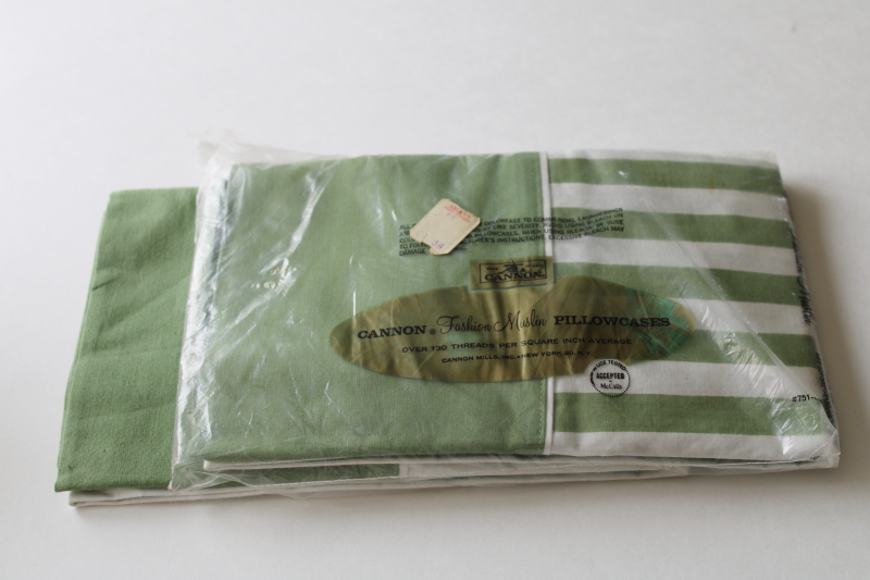photo of 60s 70s vintage avocado green stripe cotton bedding, pillowcases set unused in pkg  #3