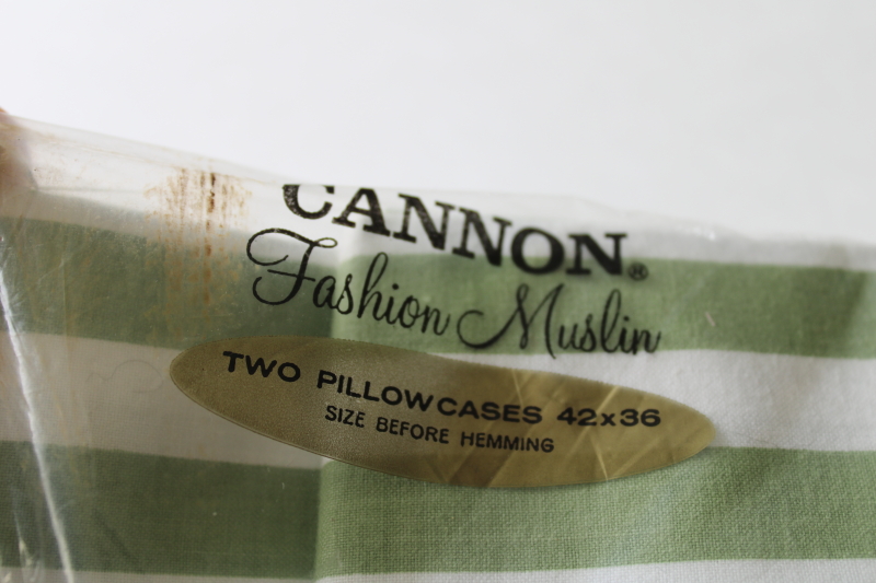 photo of 60s 70s vintage avocado green stripe cotton bedding, pillowcases set unused in pkg  #5