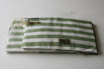 catalog photo of 60s 70s vintage avocado green stripe cotton bedding, pillowcases set unused in pkg 