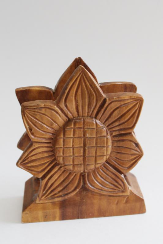 photo of 60s 70s vintage carved natural wood flower napkin holder or letter rack, retro boho hippie #1