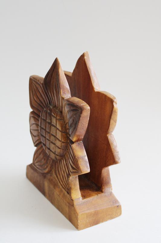 photo of 60s 70s vintage carved natural wood flower napkin holder or letter rack, retro boho hippie #2