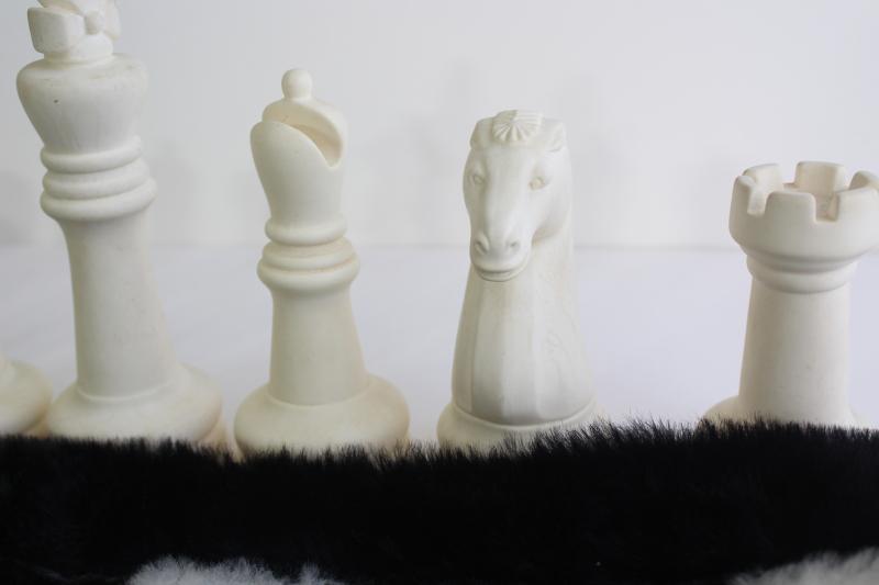 photo of 60s 70s vintage chess set, huge plastic chess pieces w/ mod shag fur pile game board #2