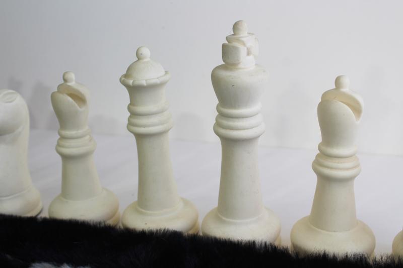 photo of 60s 70s vintage chess set, huge plastic chess pieces w/ mod shag fur pile game board #3