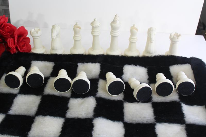 photo of 60s 70s vintage chess set, huge plastic chess pieces w/ mod shag fur pile game board #4