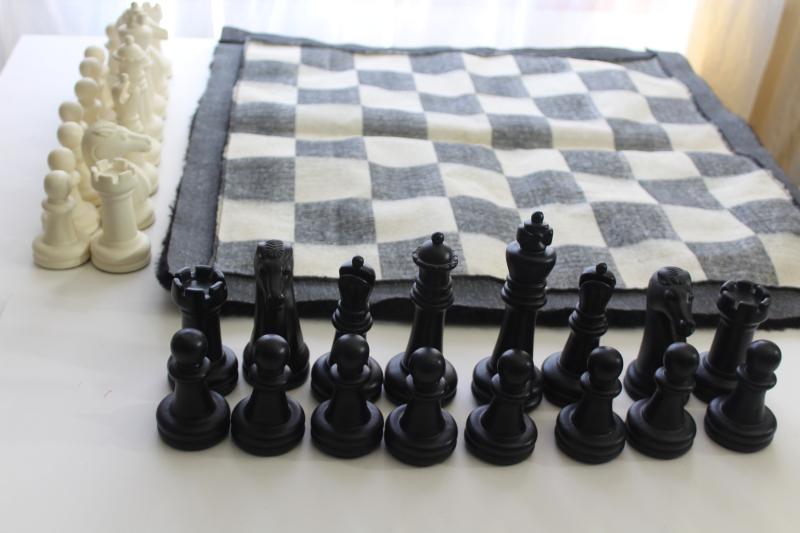 photo of 60s 70s vintage chess set, huge plastic chess pieces w/ mod shag fur pile game board #16