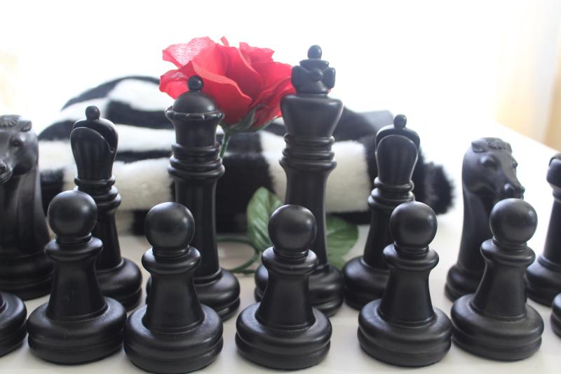 photo of 60s 70s vintage chess set, huge plastic chess pieces w/ mod shag fur pile game board #17