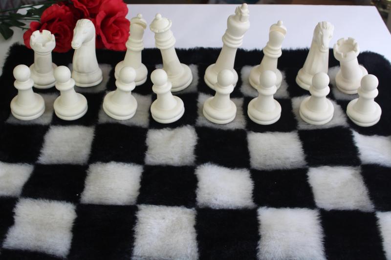 photo of 60s 70s vintage chess set, huge plastic chess pieces w/ mod shag fur pile game board #22