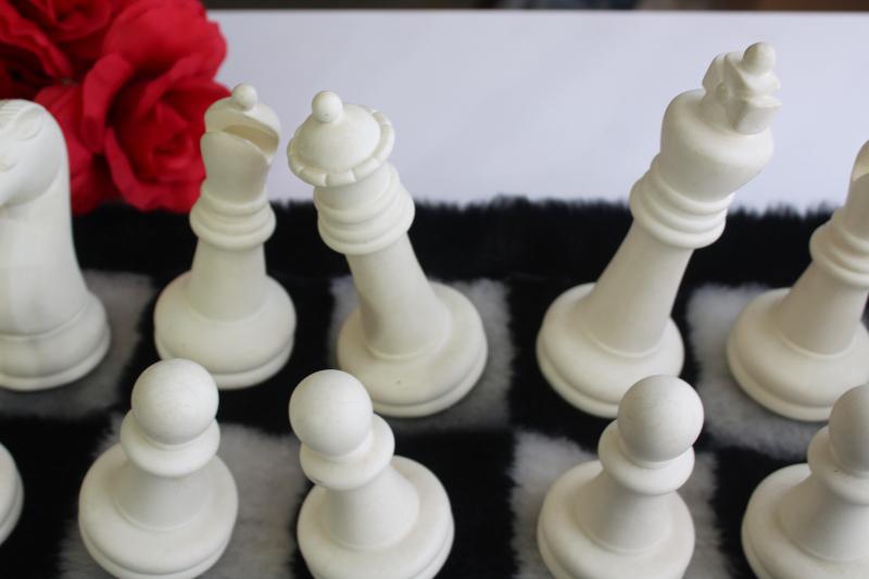 photo of 60s 70s vintage chess set, huge plastic chess pieces w/ mod shag fur pile game board #23