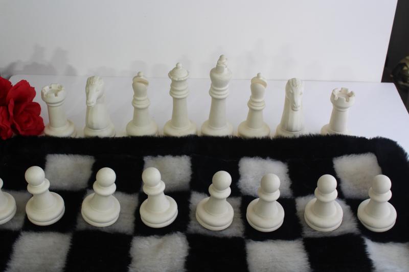 photo of 60s 70s vintage chess set, huge plastic chess pieces w/ mod shag fur pile game board #24