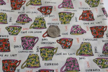 catalog photo of 60s 70s vintage coffee mugs print cotton poly blend fabric retro barista style!