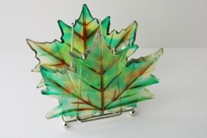 photo of 60s 70s vintage colored lucite plastic leaves napkin holder, maple leaf #1