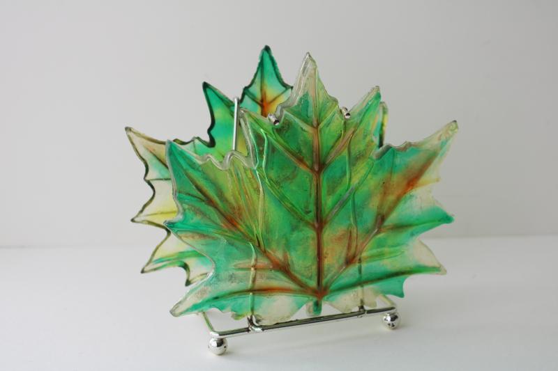 photo of 60s 70s vintage colored lucite plastic leaves napkin holder, maple leaf #5