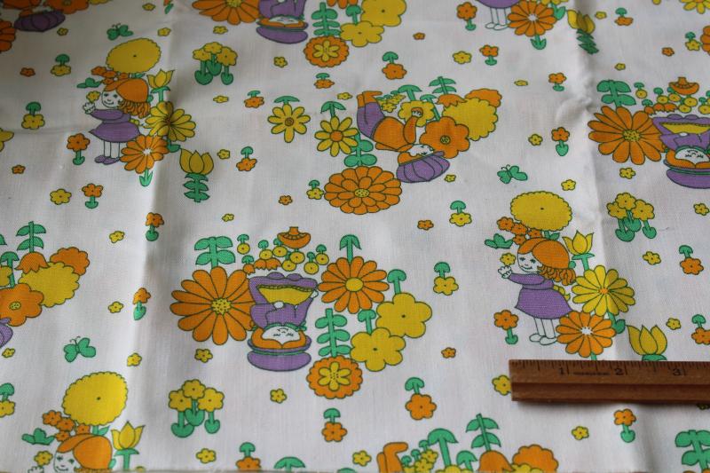 photo of 60s 70s vintage cotton canvas fabric w/ retro flower children print purple & orange #1