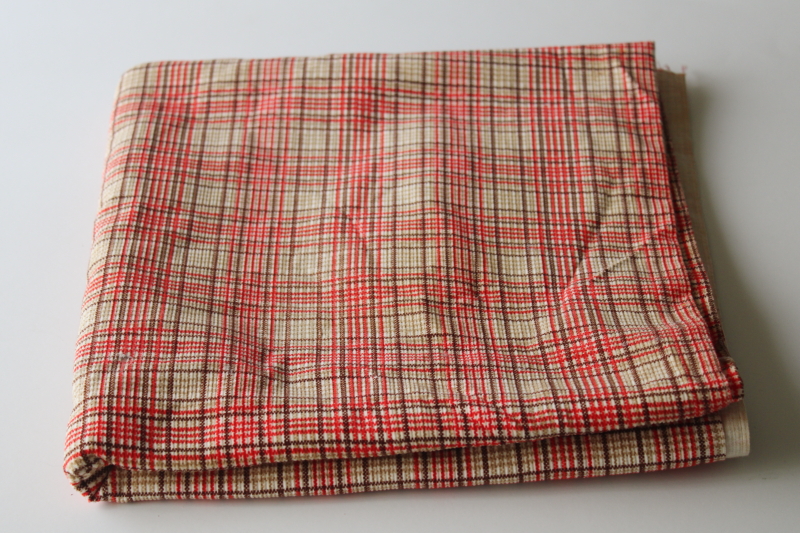 photo of 60s 70s vintage cotton corduroy fabric, pincord w/ red tan plaid print, preppy schoolgirl baby wale corduroy #1
