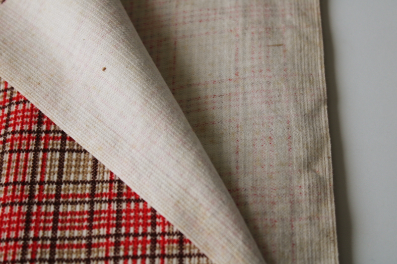 photo of 60s 70s vintage cotton corduroy fabric, pincord w/ red tan plaid print, preppy schoolgirl baby wale corduroy #2