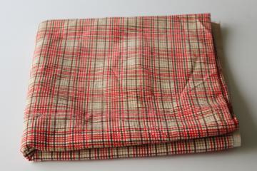 catalog photo of 60s 70s vintage cotton corduroy fabric, pincord w/ red tan plaid print, preppy schoolgirl baby wale corduroy
