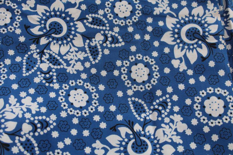 photo of 60s 70s vintage cotton fabric w/ bandana style print blue & white w/ black #1