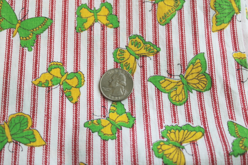 photo of 60s 70s vintage cotton fabric print red ticking stripe w/ retro butterflies  #4