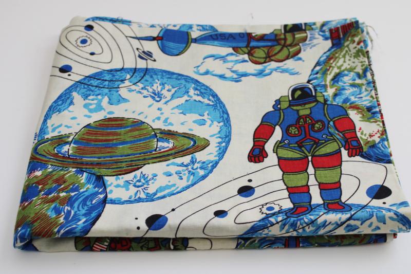 photo of 60s 70s vintage cotton fabric, spacesuit astronauts moon landing rockets print #1