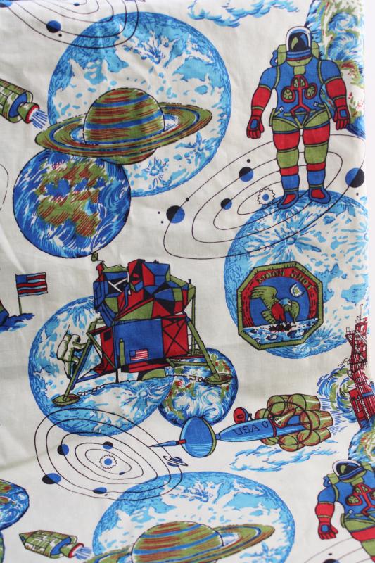 photo of 60s 70s vintage cotton fabric, spacesuit astronauts moon landing rockets print #6