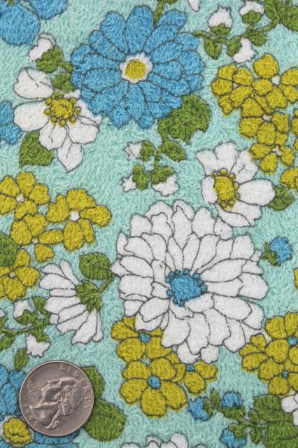 photo of 60s 70s vintage daisy print cotton terrycloth towel fabric, aqua blue & chartreuse #2