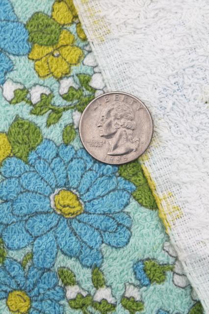 photo of 60s 70s vintage daisy print cotton terrycloth towel fabric, aqua blue & chartreuse #3