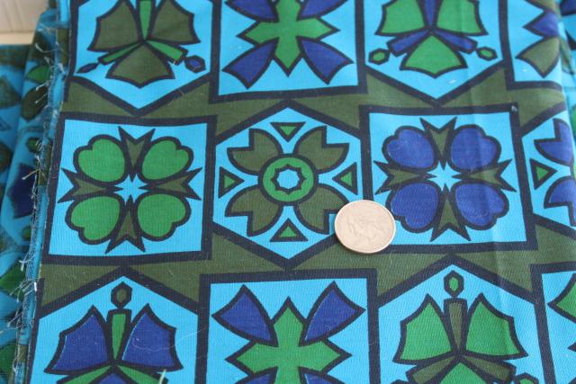 photo of 60s 70s vintage fabric, cotton blend broadcloth, mod geometric print deep blue, aqua, gree #2