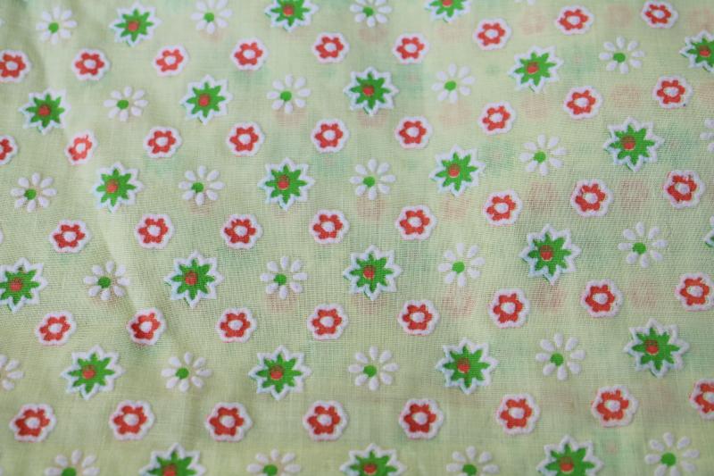 photo of 60s 70s vintage fabric w/ flocked flowers, retro daisy print cotton or blend material #1