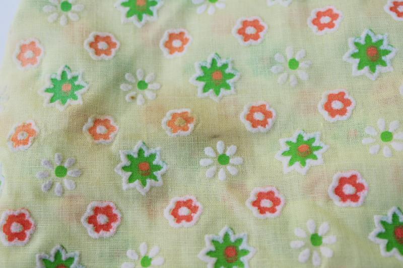 photo of 60s 70s vintage fabric w/ flocked flowers, retro daisy print cotton or blend material #3