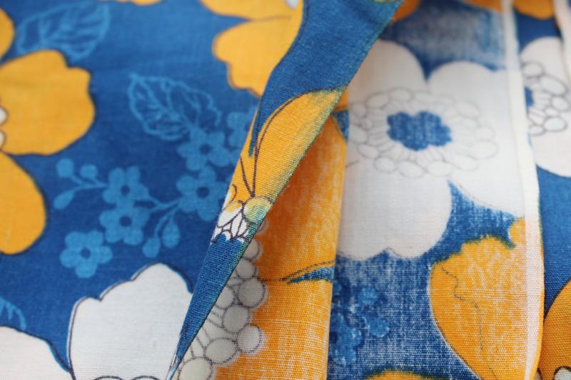 photo of 60s 70s vintage fabric, large groovy flowers print orangey yellow gold on blue #2