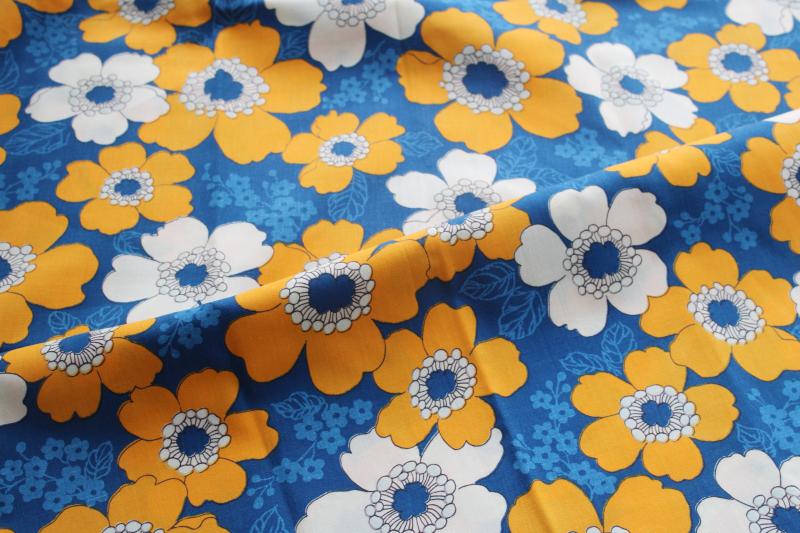 photo of 60s 70s vintage fabric, large groovy flowers print orangey yellow gold on blue #3