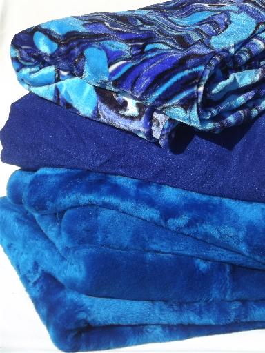 photo of 60s 70s vintage fabric, mod blue & black print velour & bright blue shag fur #1