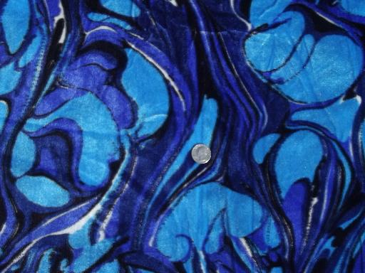 photo of 60s 70s vintage fabric, mod blue & black print velour & bright blue shag fur #2