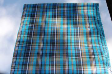 catalog photo of 60s 70s vintage fabric, poly cotton blend plaid woven aqua, navy blue, drab green