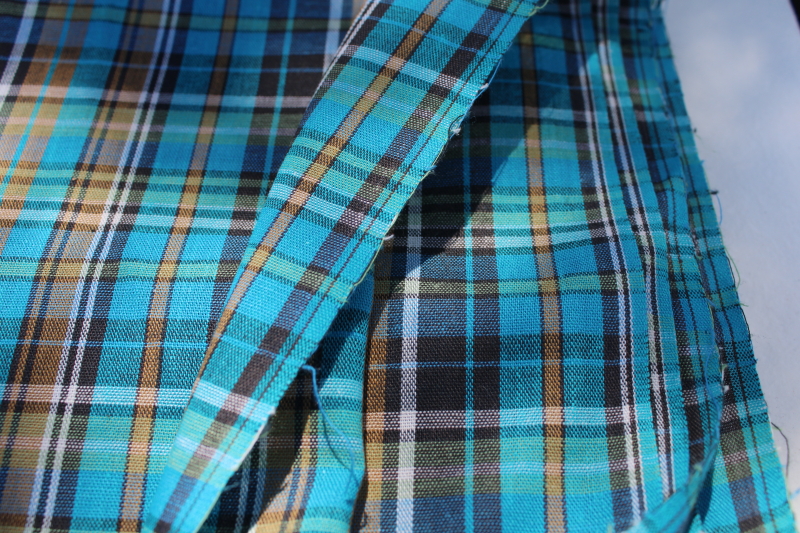 photo of 60s 70s vintage fabric, poly cotton blend plaid woven aqua, navy blue, drab green #2